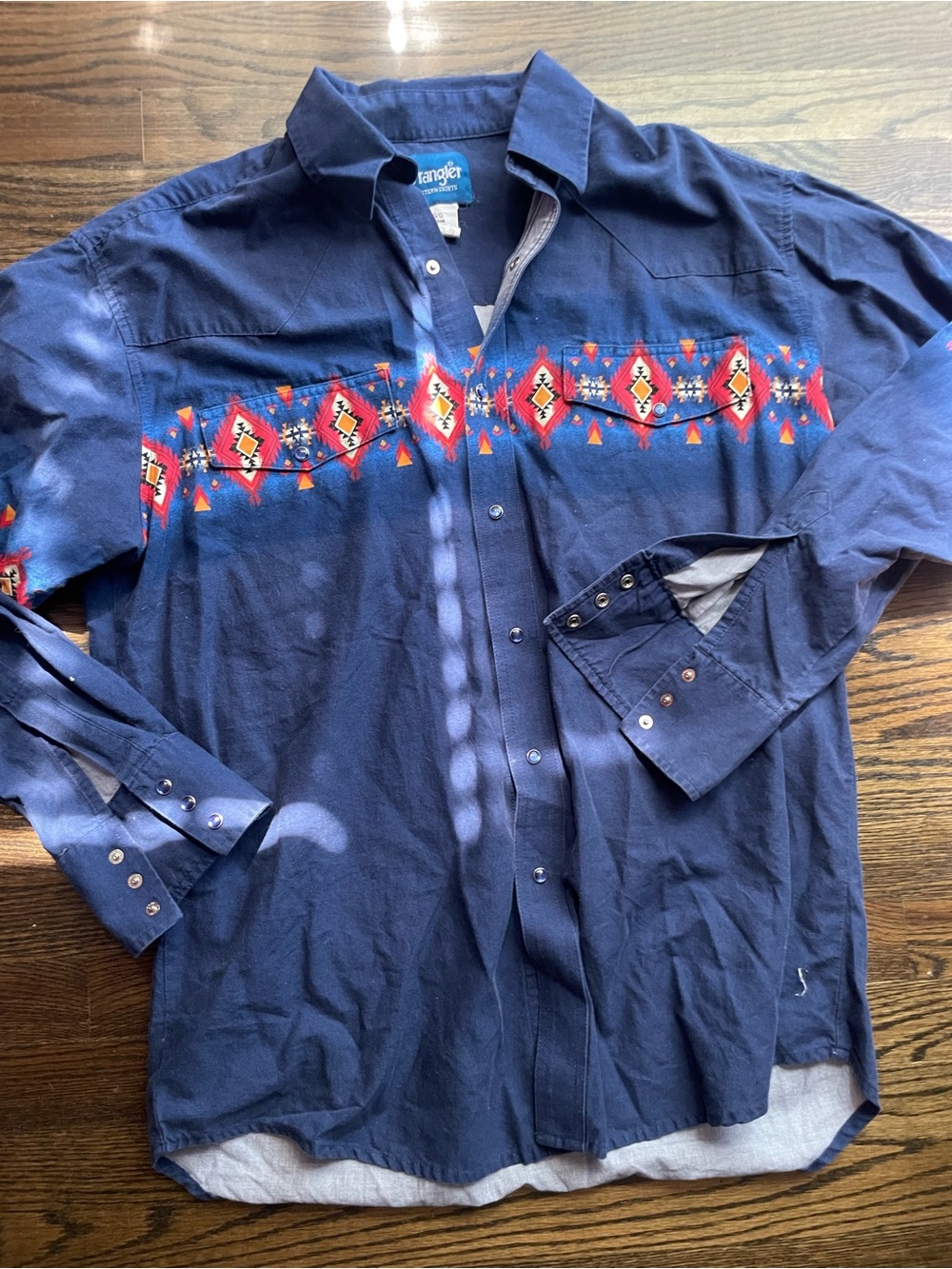 Vintage Wrangler Men’s Navy Aztec-Trim Western Shirt